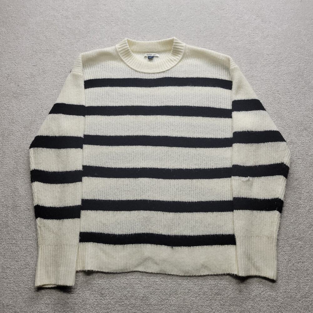 American Eagle Women's Small Cream Black Striped Crewneck Knit Pullover Sweater